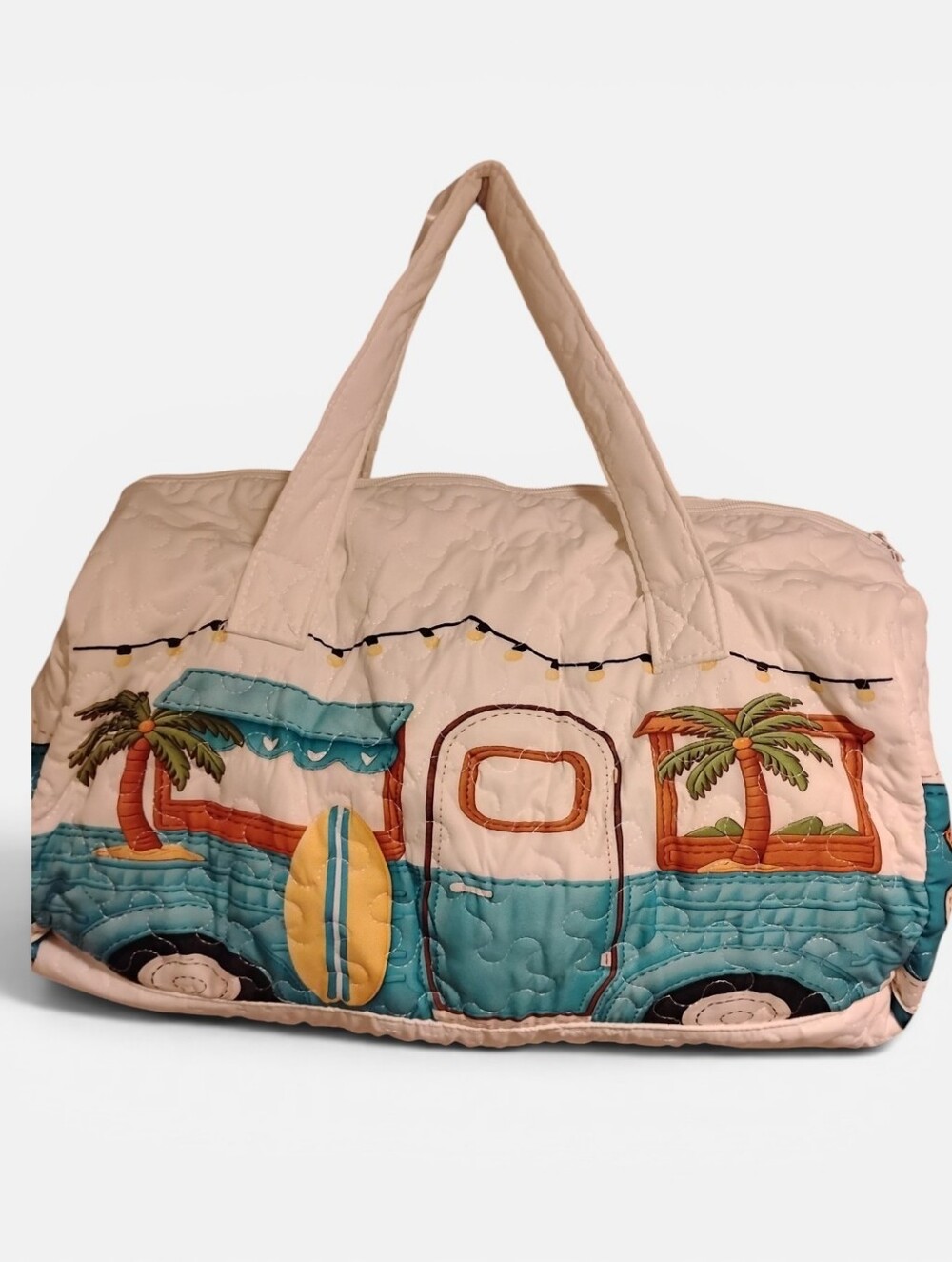 Quilted Surf Large Van Tote Bag in White and Teal